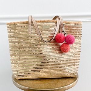 Kate Spade Bag Basket Shoulder Sequin Charm Border Garden Way Hallie Beige